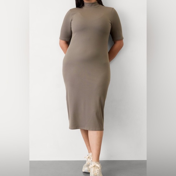 RIB MOCK NECK SHORT SLEEVE DRESS - Picture 1 of 5
